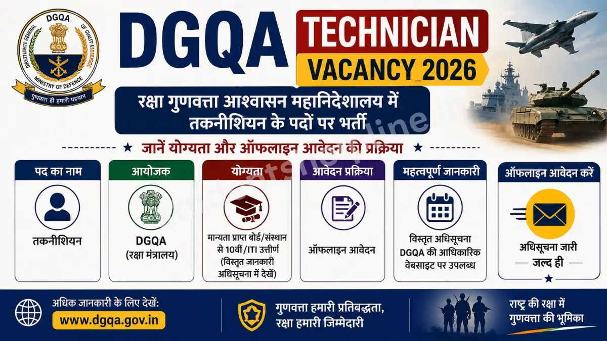 DGQA Technician Vacancy 2026: रक्षा गुणवत्ता आश्वासन महानिदेशालय में तकनीशियन के पदों पर भर्ती, जानें योग्यता और ऑफलाईन आवेदन की प्रक्रिया